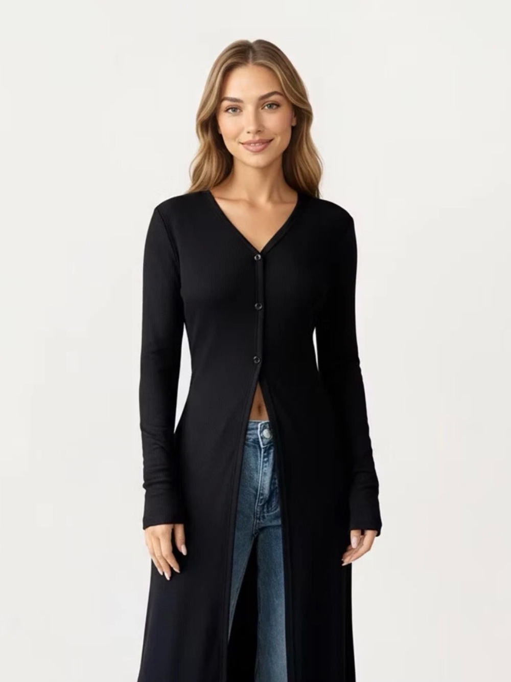 Long Black Maxi Button-Front Ribbed Cardigan - Picture 4 of 6